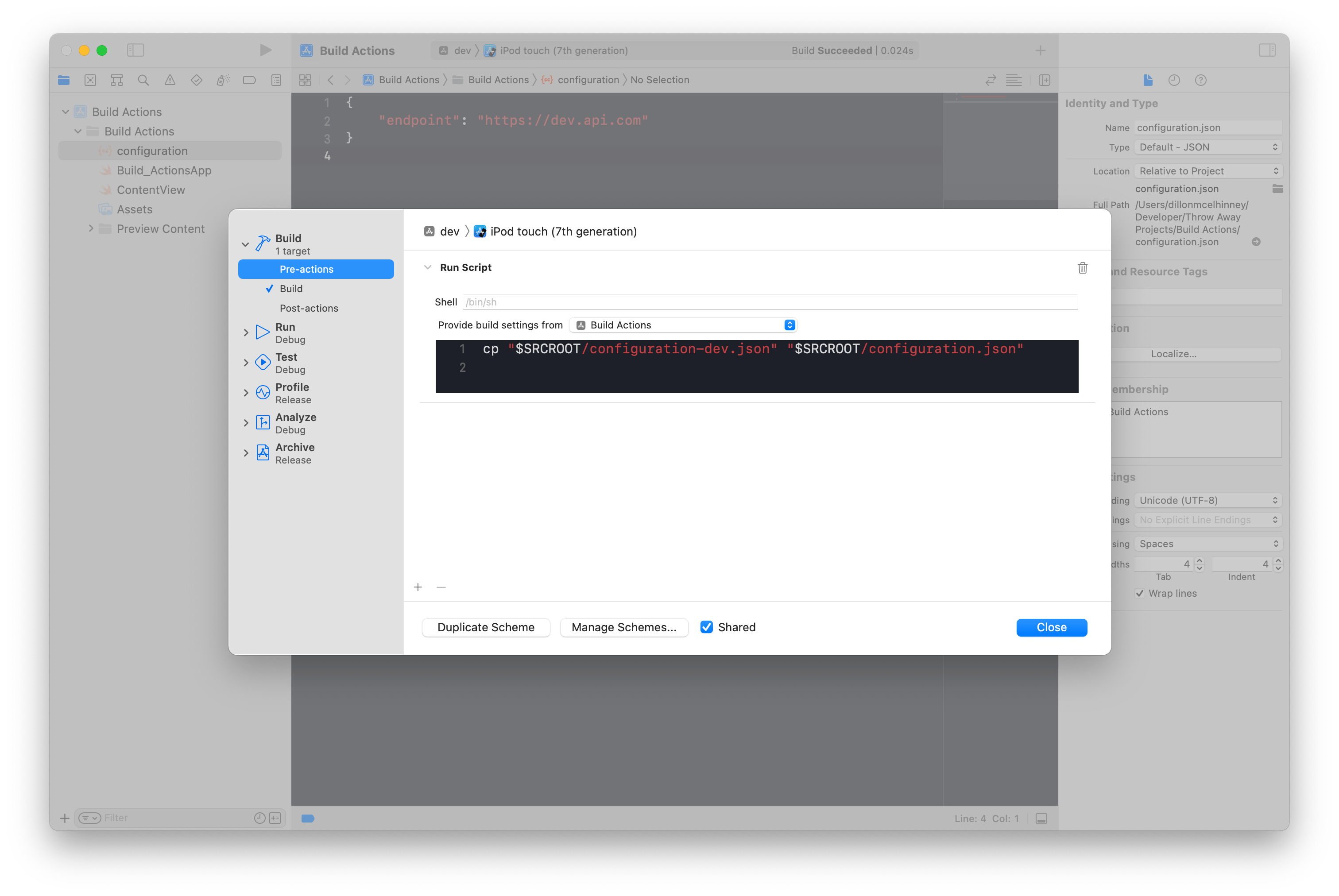 Screenshot of Xcode scheme editor showing the final action for the dev configuration.